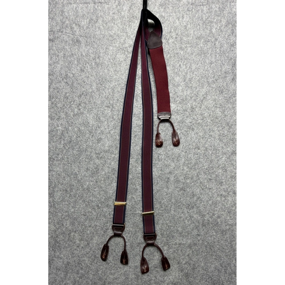 Trafalgar Mens Suspenders Burgundy Navy Gold Stripe Leather Button End Y-Back